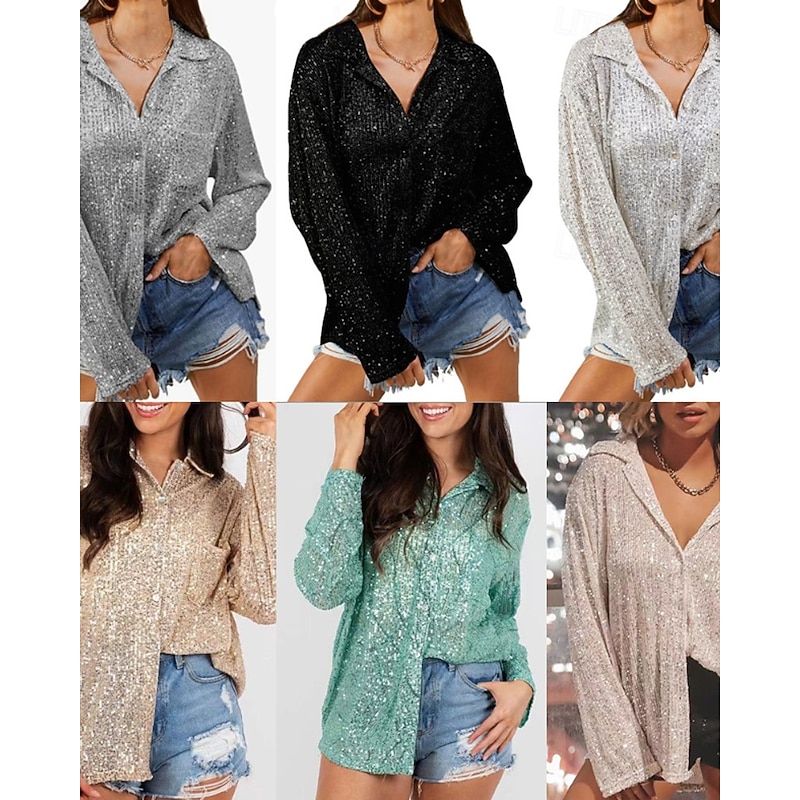 Women's Shirt Texture Blouse Blouse Plain Party Stylish Long Sleeve Shirt Collar Regular Tops Evening Party Party Outfits Sequins Black Silver Champagne Light Green Apricot Fall2