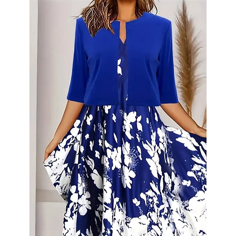 Women's Two Piece Dress Sets Midi Dress with Jacket Elegant A Line Dress Half Sleeve Casual Semi Formal Ombre Floral Print Crew Neck Date Royal Blue Regular Fit2