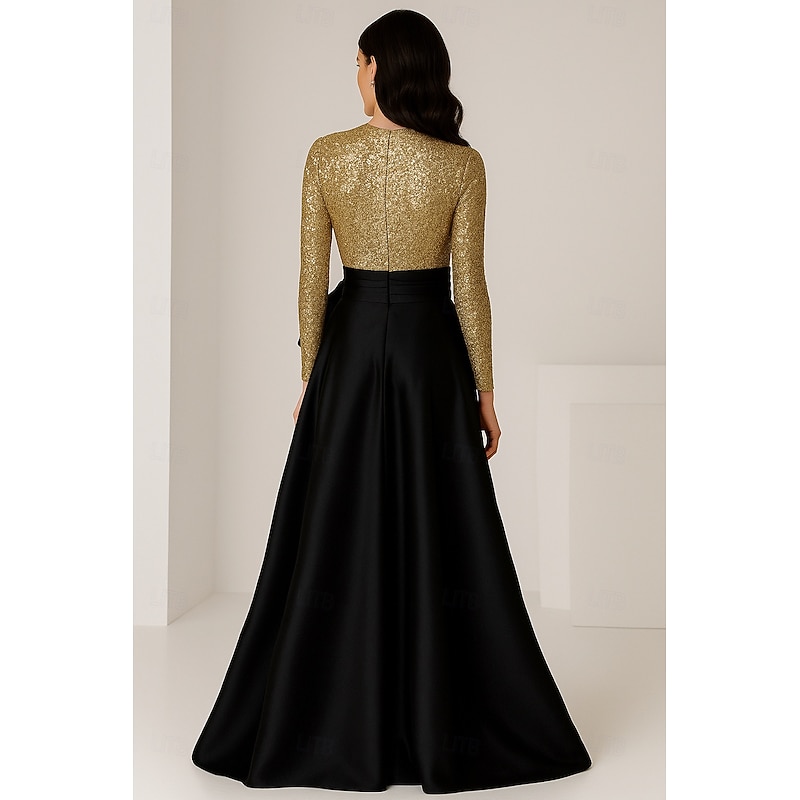 A-Line Evening Gown Elegant Dress Formal Wedding Floor Length Long Sleeve Crew NeckMother Of the Bride Dress Satin with Bow(s) Slit2