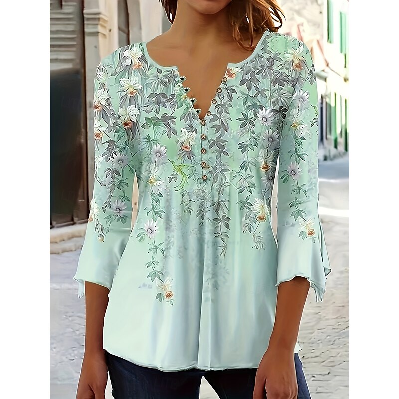 Women's Blouse V Neck Ombre Floral Graphic Elegant Vintage Stylish 3/4 Length Sleeve Regular Tops Daily Going out Buttons Pink Blue Sky Blue Green Summer Spring Fall4