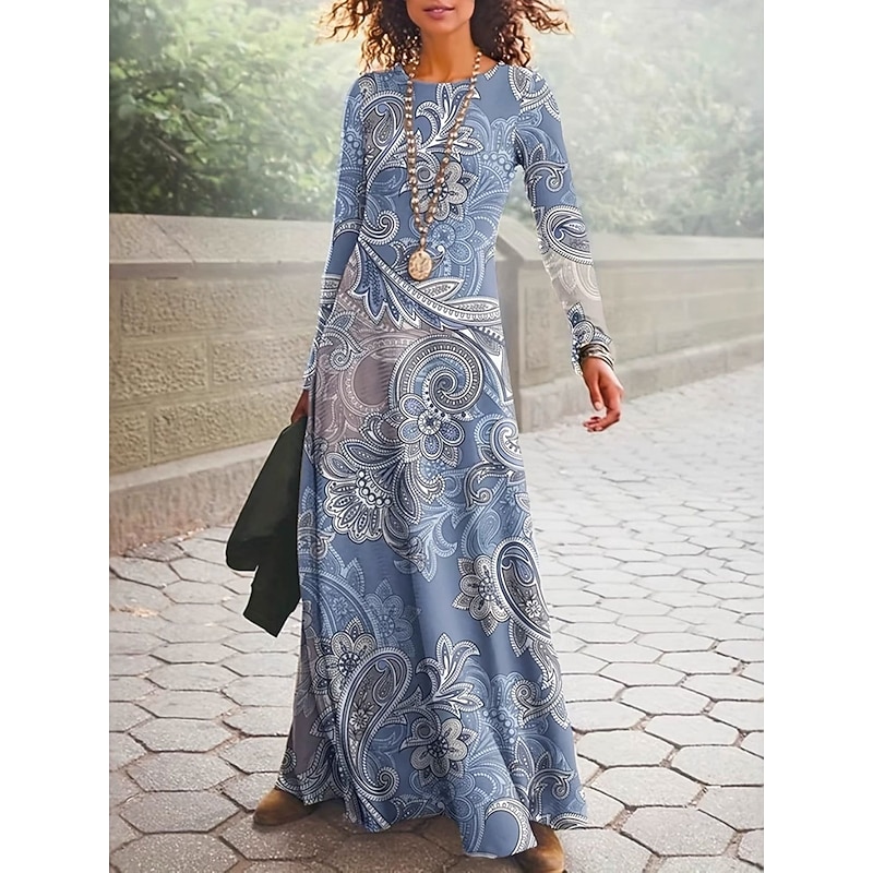 Women's Maxi Dress Vintage Bohemian A Line Dress Crew Neck Long Sleeve Casual Daily Regular Fit Graphic Paisley Blue Camel Gray Spring Fall Winter Autumn3