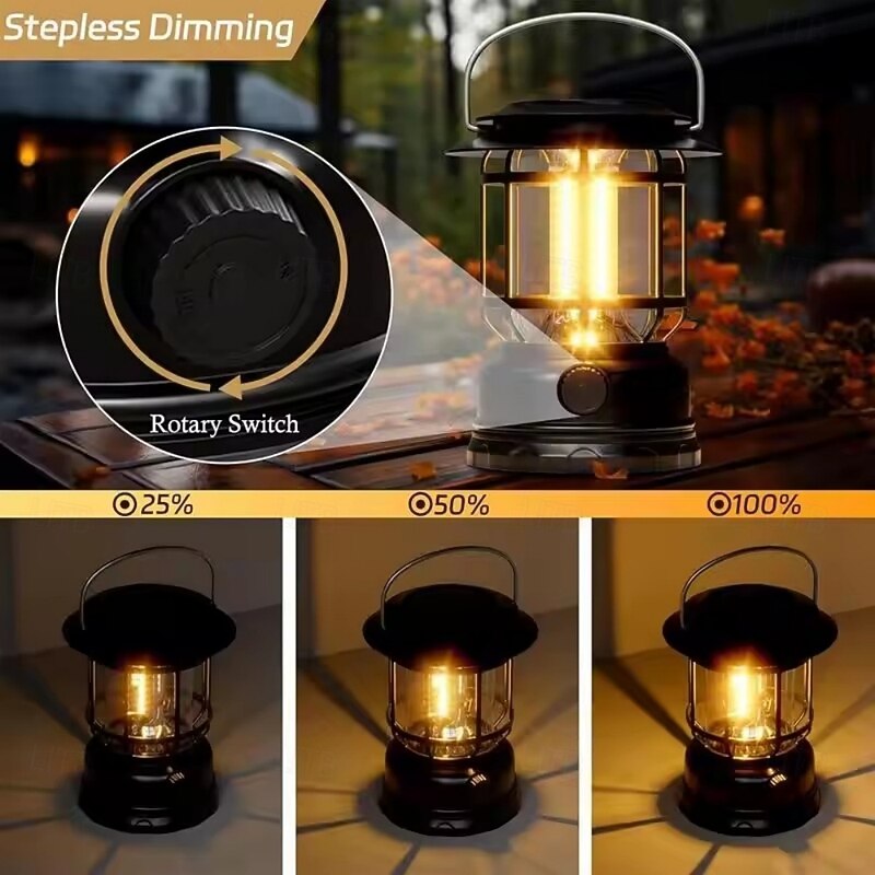Solar Camping Lantern USB Rechargeable Retro Dimmable Camping Lamp Waterproof Portable Tent Light for Indoor Outdoor Hiking Emergency Black4