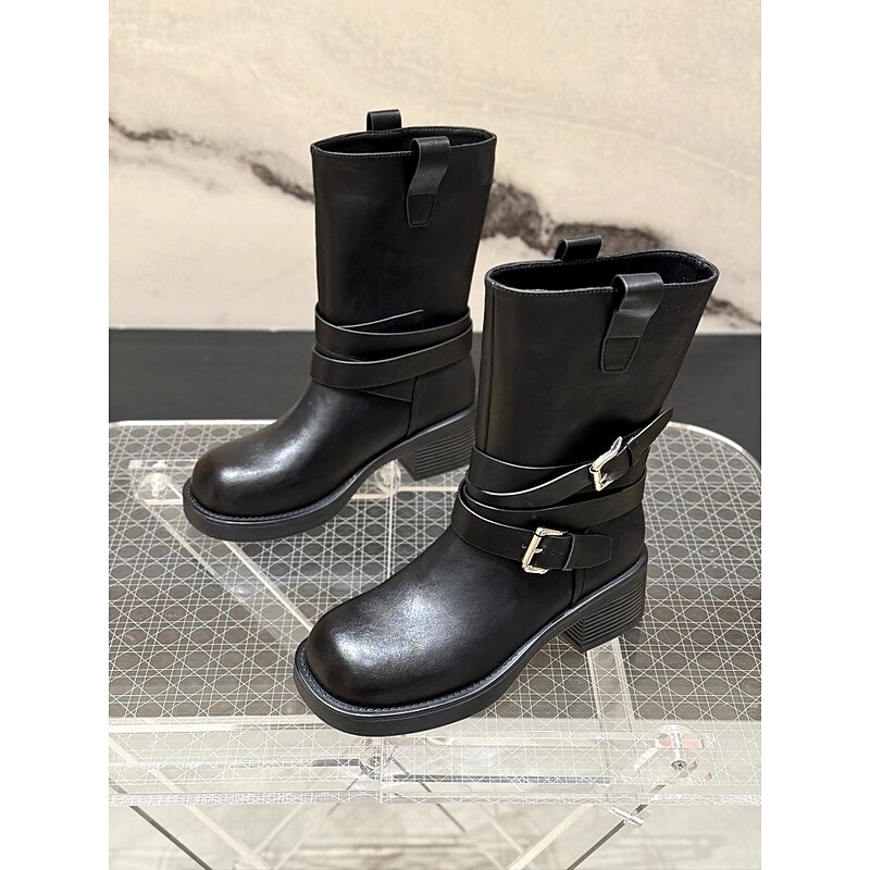 Black Faux Leather Ankle Boots for Women – Buckle Strap Detail, Chunky Block Heels, Stylish and Durable Footwear4