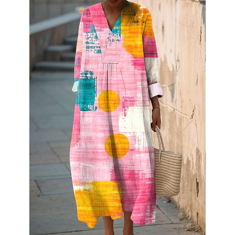 Women's Midi Dress V Neck Long Sleeve Kaftan Lightweight Loose Fit A Line Dress Casual Boho Going out Standard Fit Graphic Geometric Long Sleeve V Neck Pink Orange Amethyst Fall