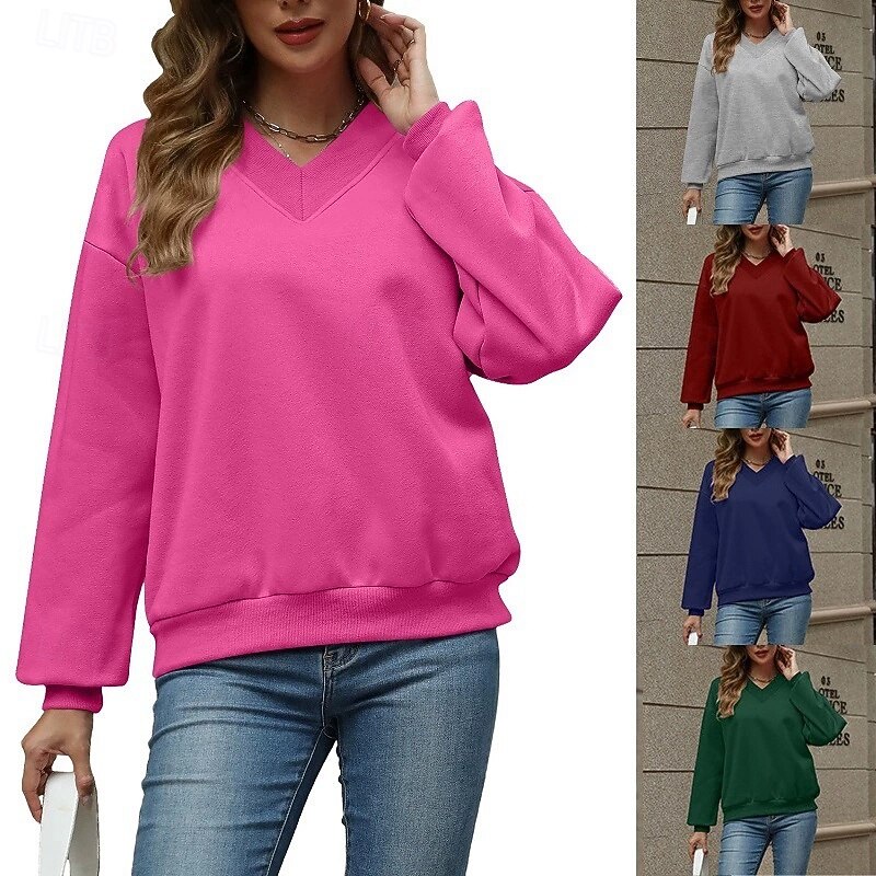 Women's Pullover Plain Streetwear Casual Comfy Long Sleeve V Neck Regular Tops Street Holiday Going out Pink Wine Gray Fall