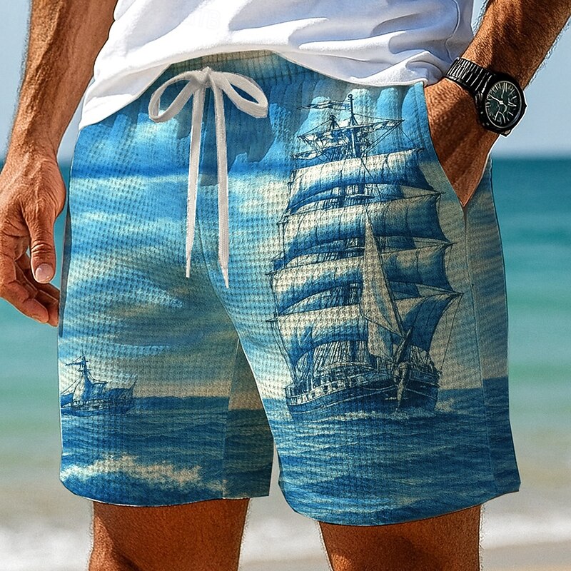 Men's Nautical Sailboat Waffle Shorts Sweat Shorts Casual Shorts Mid Waist Retro Vintage Vacation Jogging Workout Elastic Drawstring Waist Shorts with Pockets Designer Clothing Apparel