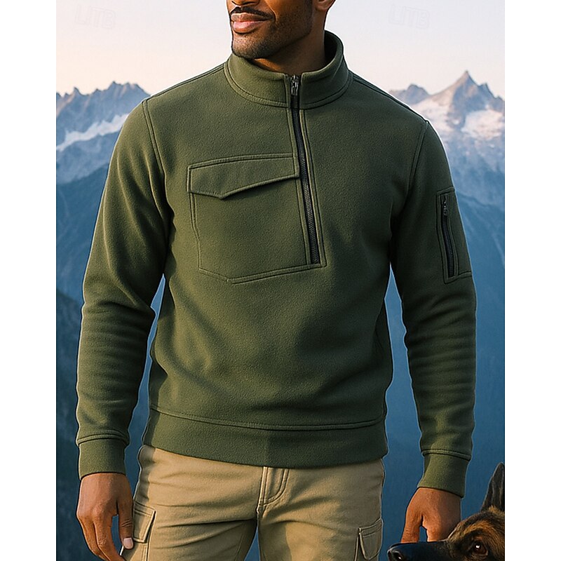 Men's Fleece Sweatshirt Long Sleeve Stand Collar Top Outdoor Thermal Warm Winter Polyester Black Army Green Grey Traveling Running