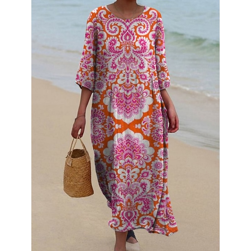 Women's Midi Dress Casual Dress Print Dress Vintage African Daily Beach Weekend Regular Fit Floral Color Block 3/4 Length Sleeve Crew Neck Yellow Pink Red Spring Fall Autumn3