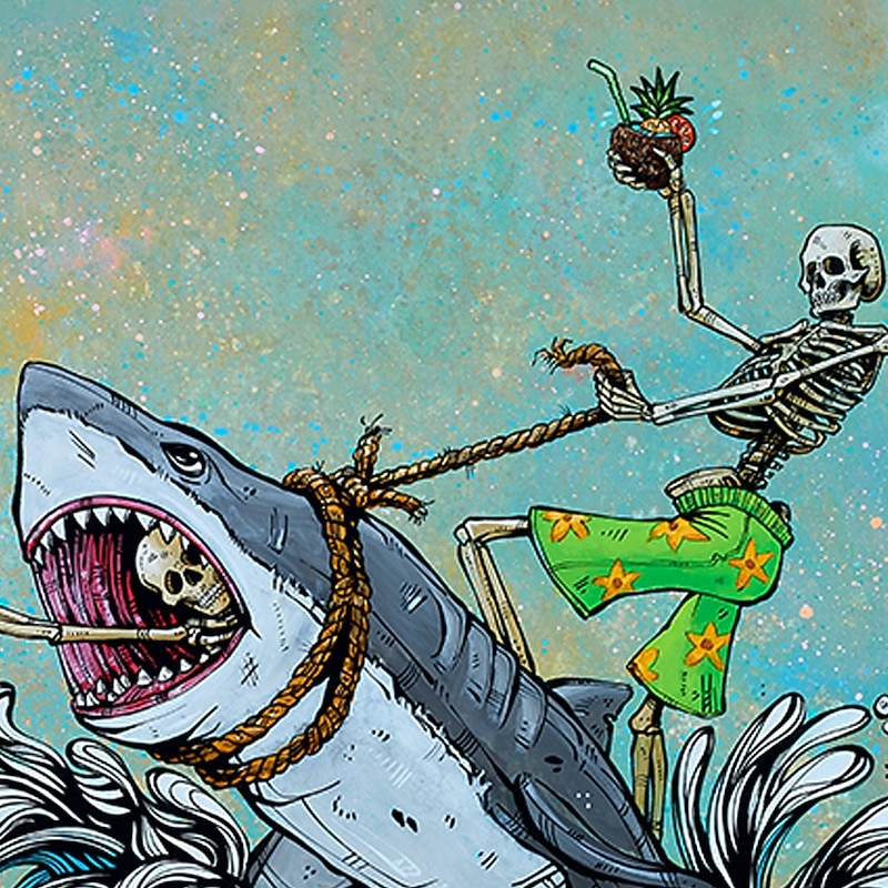 Great White Wave by David Lozeau Men's Skull Shark Button Up Shirt Long Sleeve Designer Shirt Limited Artist Edition2