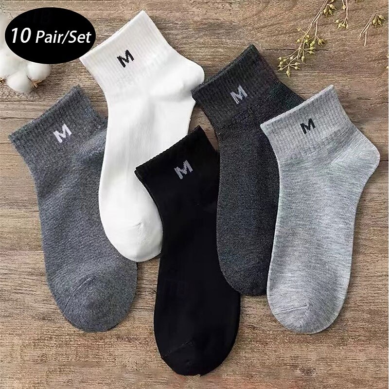 Men's 10 Pairs Multi Packs Socks Running Socks Casual Socks Black+White+Gray Black Color Letter Vacation Sports & Outdoor Daily Basic Medium Spring Fall Fashion Casual