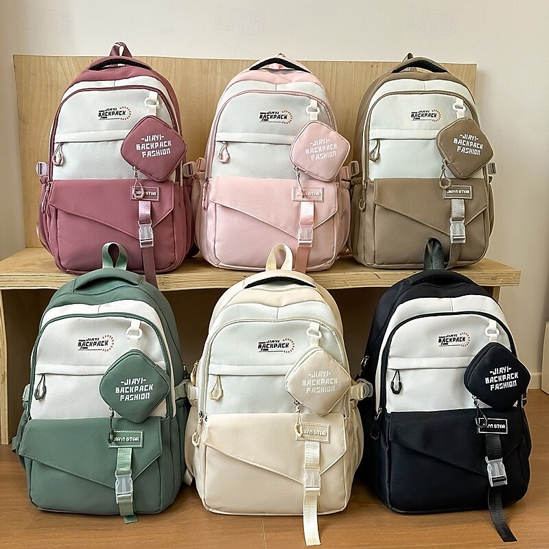 Black and White Teen Backpack with Buckle Strap and Pouch – Stylish School Bag for Middle & High School Students