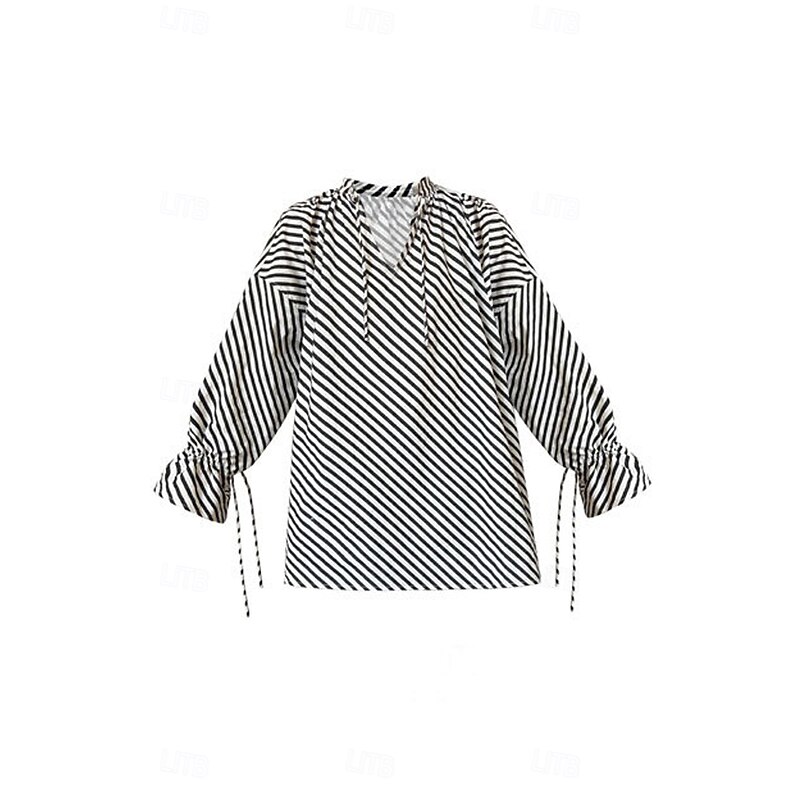 Women's 100% Cotton Shirt Striped Elegant Bohemia Vintage Long Sleeve Lantern Sleeve V Neck Long Tops Work Daily Holiday Stripe Summer Spring Fall4