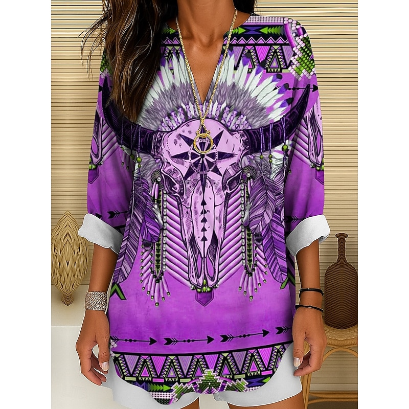 Women's Blouse Tunic V Neck Long Sleeve Boho Casual Tops Graphic Geometric Skull Bohemia Vintage Tropical Regular Tops Daily Wear Print Yellow Red Blue Purple Green4