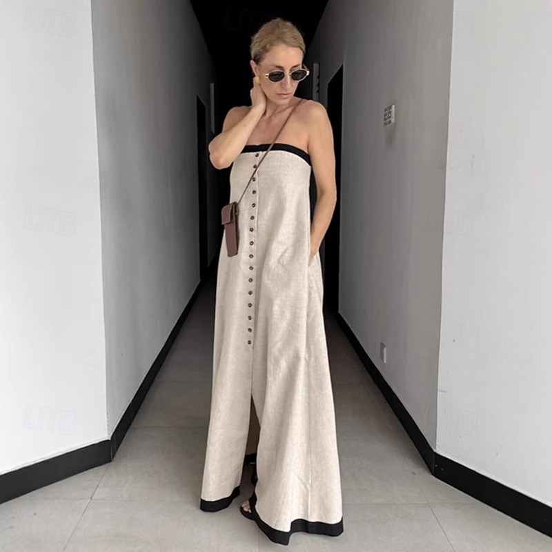 Women's Linen Cotton Maxi Dress Sundress A Line Dress Off The Shoulder Dress Vacation Birthday Casual Party Beach Standard Fit Solid Color Graphic Sleeveless Strapless khaki Summer Spring Fall2