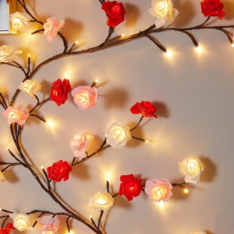 LED Branch Light Rose Rattan Light 2.3m 144LEDs Remote Control USB Powered Bendable Atmosphere Light Rose Valentine's Day Wedding Bedroom Living Room Wall Christmas Party Home Decoration3