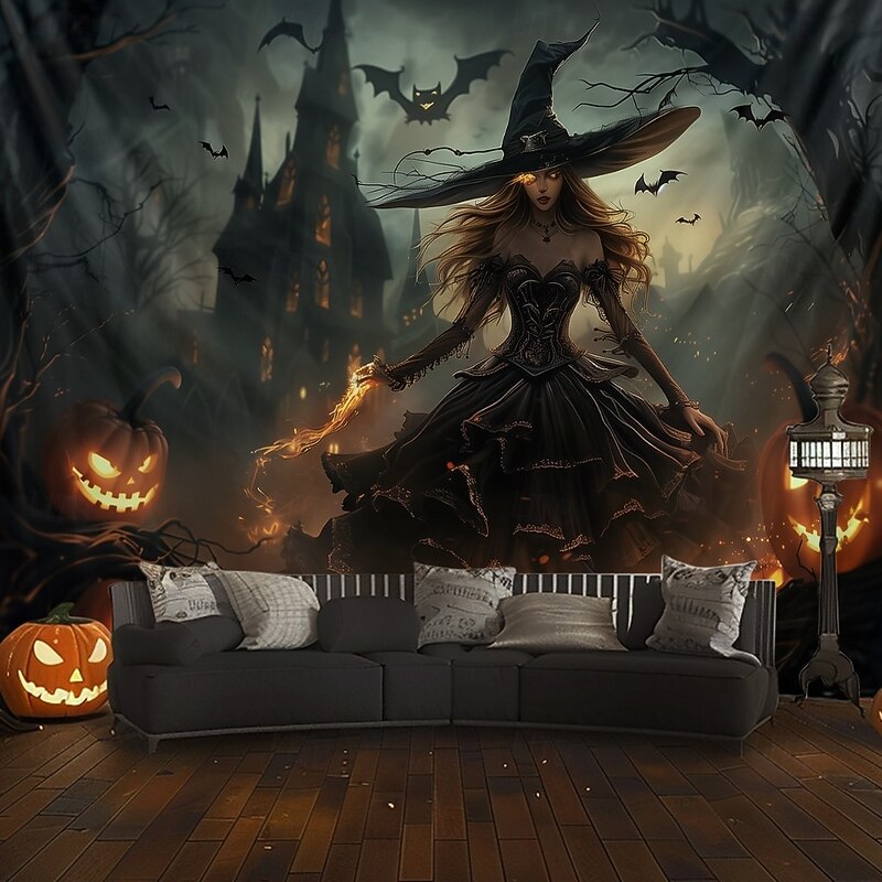 Halloween Gothic Witch Wall Tapestry – Dark Forest Scene with Jack-o'-Lanterns, Spooky Night Sky, Horror Backdrop for 2025 Halloween Living Room, Bedroom, Party Decoration3