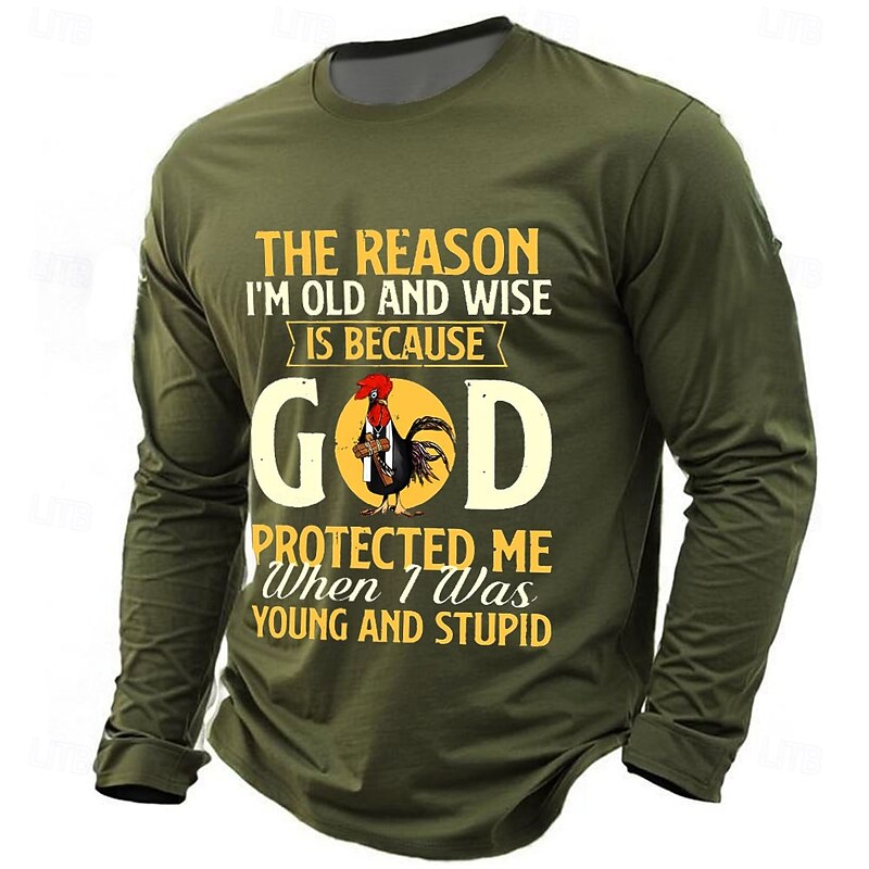 Men's Long Sleeve Graphic T-Shirt | Funny Old & Wise Quote "God Protected Me When Young & Stupid"2