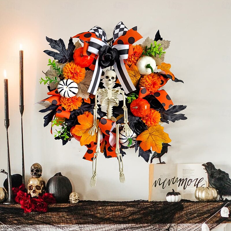 Halloween Skeleton Wreath for Front Door Indoor Outdoor Decoration, Maple Leaf Pumpkin Skull Garland with Twigs and Faux Flowers, Spooky Vine Ring for Party Decor4