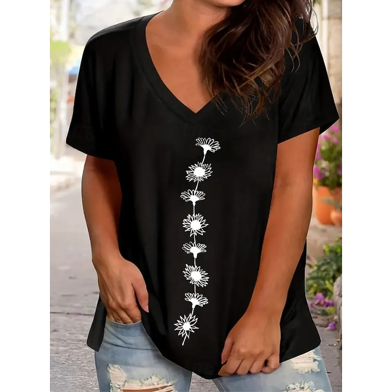 Women's T Shirt Floral Graphic Plants Bohemia Vintage Stylish Short Sleeve V Neck Regular Tops Daily Going out Weekend Print Black White Gray Summer Spring4