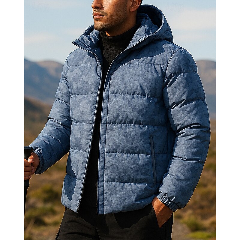 Men's Puffer Jacket Outdoor Thermal Warm Hiking Outfits Hiking Clothes Winter Autumn / Fall Top Camping / Hiking / Caving Running Printing Black Blue Grey3
