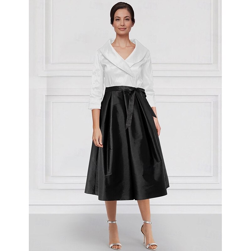 A-Line Portrait Collar Mother of the Bride Dress Stretch Taffeta Elegant Simple Minimalist V Neck Tea Length  Midi Length 3/4 Length Sleeve with Bow(s) Pleat4