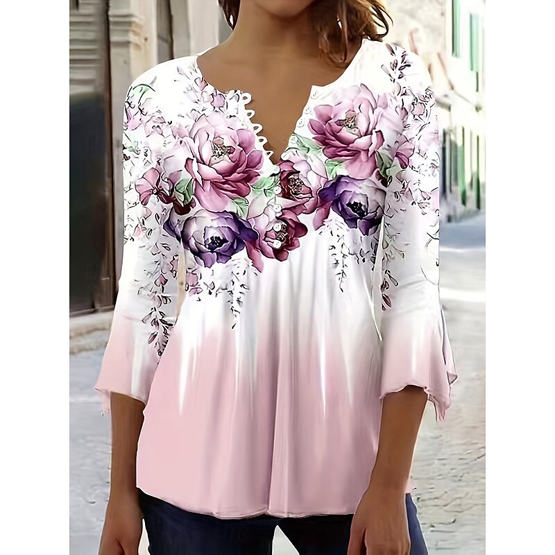 Women's Blouse V Neck Ombre Floral Graphic Elegant Stylish Casual 3/4 Length Sleeve Regular Tops Daily Going out Buttons Pink Blue Purple Summer Spring Fall2