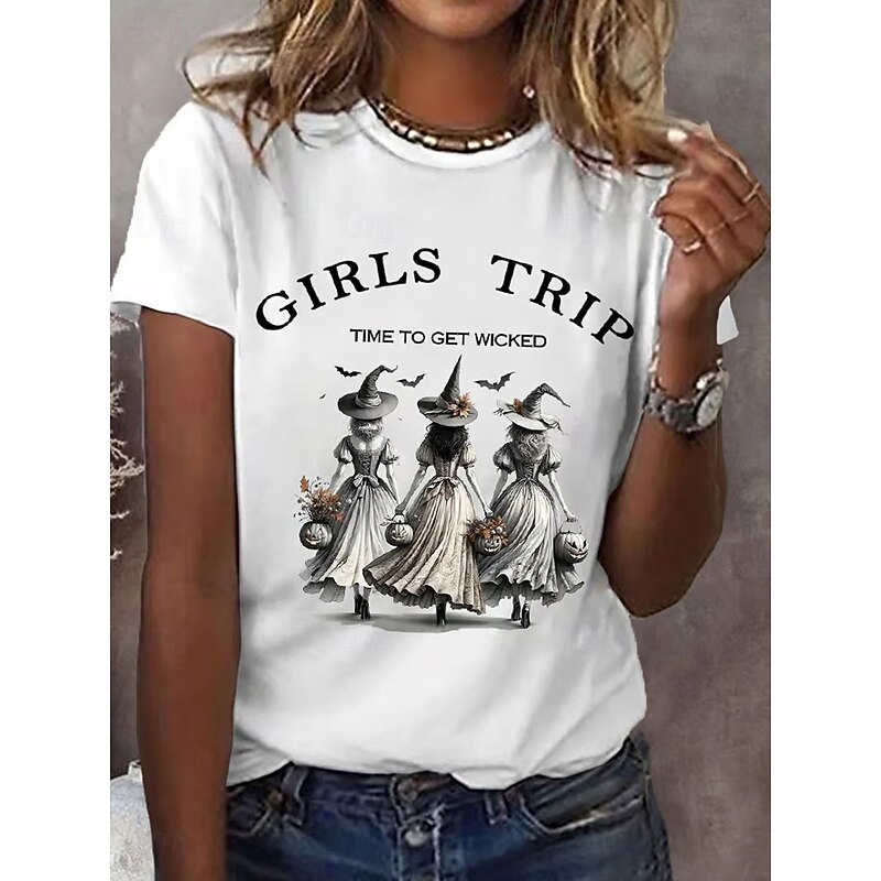 Halloween Women's T shirt Witch Graphic Letter Vintage Stylish Classic Short Sleeve Crew Neck Regular Tops Daily Print White Purple Orange Green Summer Spring Fall4
