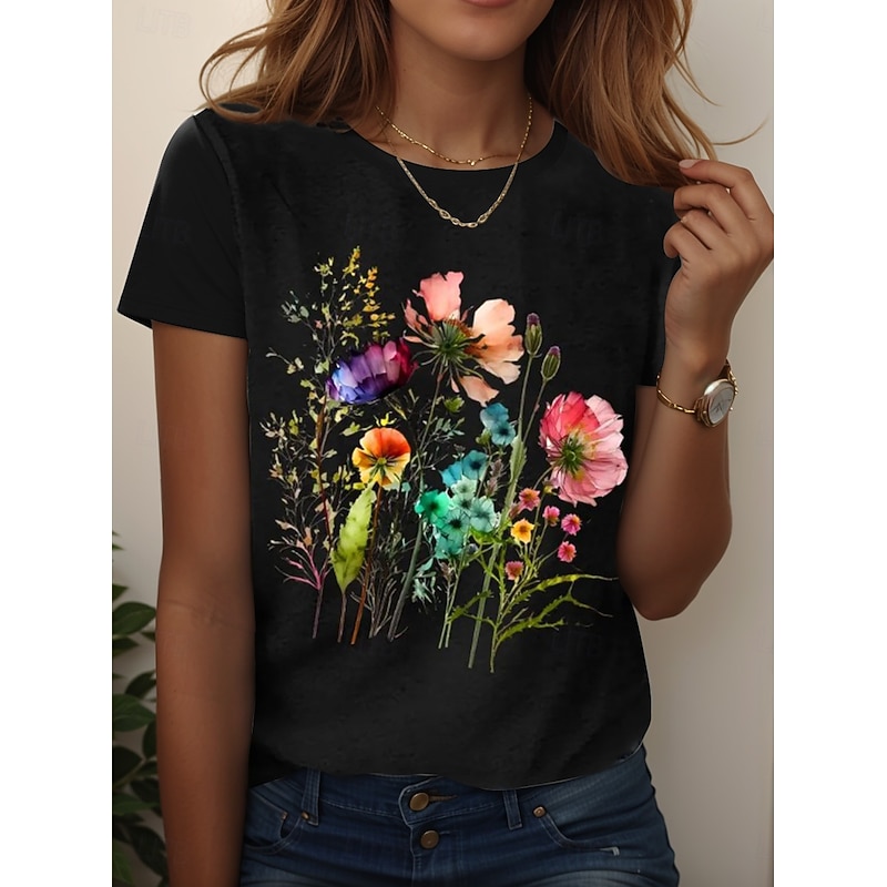 Women's T Shirt Floral Graphic Plants Vintage Stylish Classic Short Sleeve Crew Neck Regular Tops Daily Going out Weekend Print Black White Pink Blue Sky Blue Summer Spring Fall