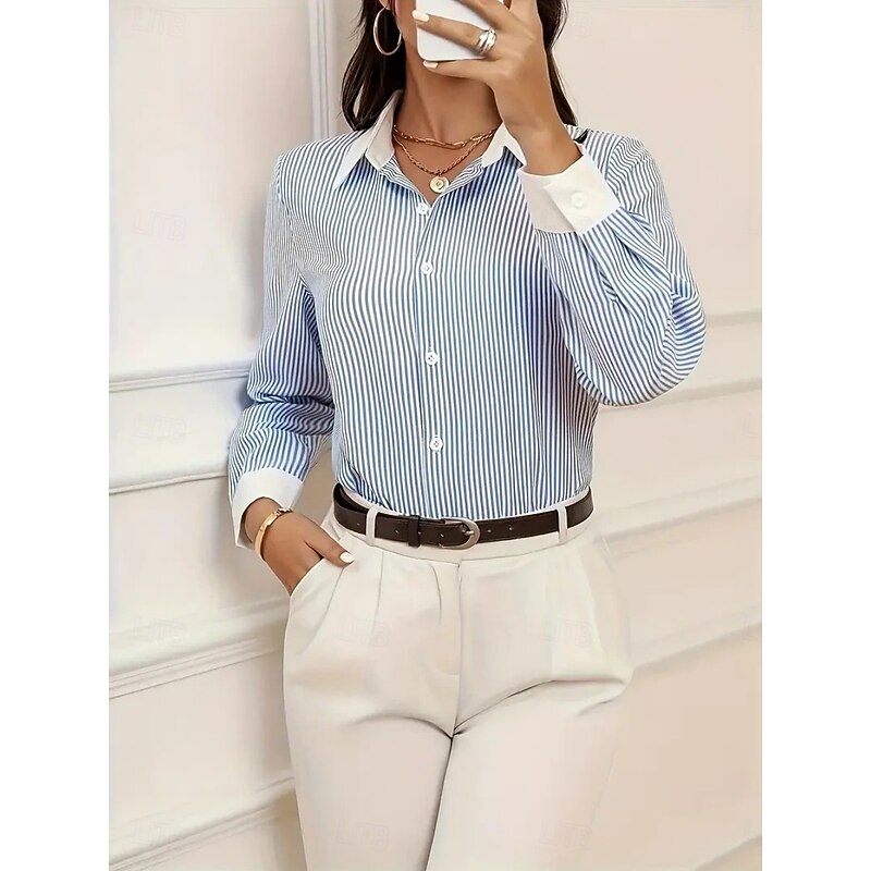 Women's Shirt Striped Stylish Modern Long Sleeve Shirt Collar Regular Tops Daily Holiday Buttons Print Light Blue Summer