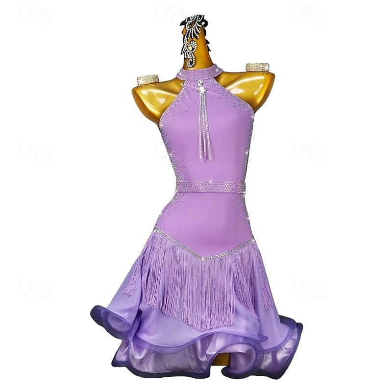 Latin Salsa Dance Dress Crystal / Rhinestone Tassel Pure Color Women's Performance Party Sleeveless Nylon4