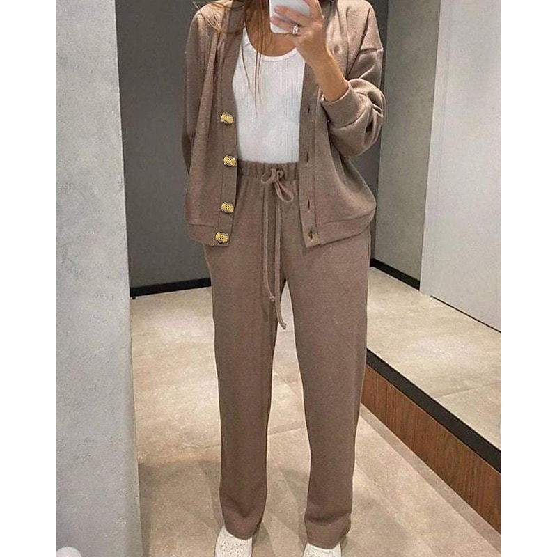 Women's Active Streetwear Blouse Pants Sets Long Sleeve V Neck Solid Color Vacation Daily Wear Black Army Green Dusty Blue Fall Regular Fit3