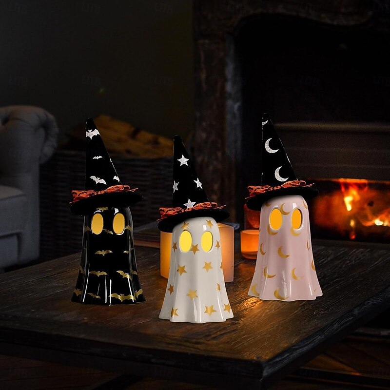 Halloween Ghost Figurine, Resin Small Ghost Figurines with Light, Light Up Ghosts with Witch Hats, Cute Ghost Statue for Spooky Halloween Decor for Indoor Party Tabletop Home Shelf Decoration4