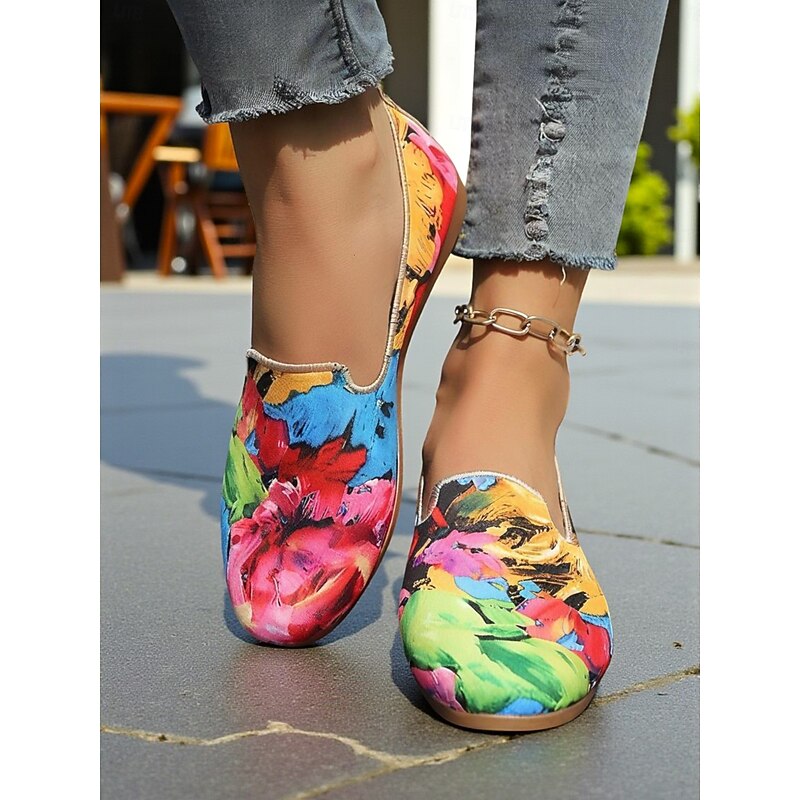 Women's Colorful Floral Canvas Slip-On Flats – Lightweight Round Toe Casual Loafers, Artistic Comfort Shoes for  Walks, Travel, and Daily Wear3