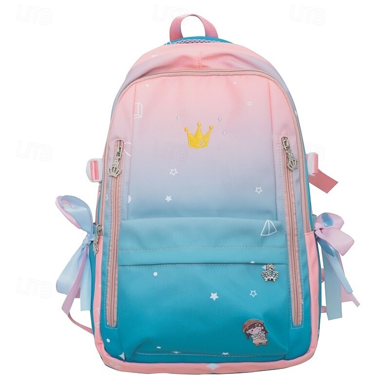 Girls Gradient Princess Backpack – Cute Waterproof School Bag with Crown Zippers and Star Print, Lightweight Bookbag for Elementary and Middle School2