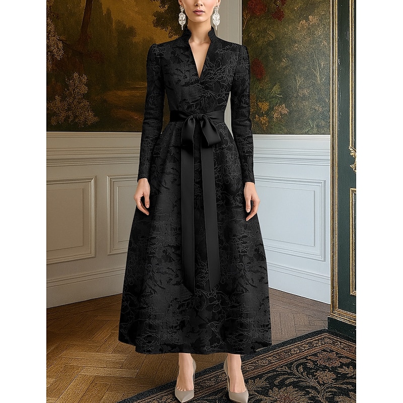Black Tie Jacquard Brocade A-Line Evening Gown Elegant Dress Formal Wedding Floor Length Long Sleeve V Neck Pocket Nylon with Bow(s) Strappy
