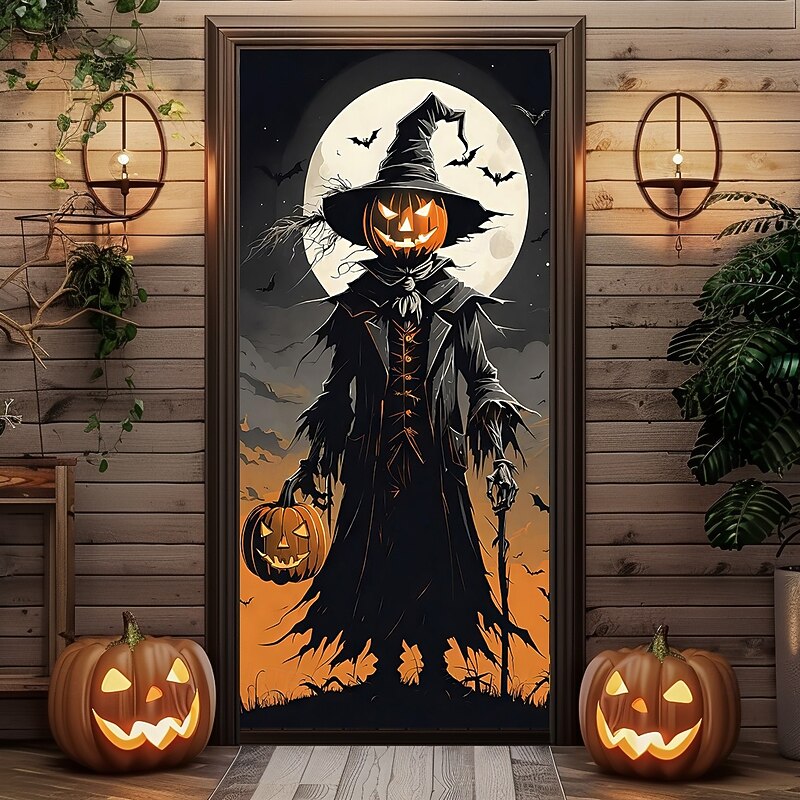 Halloween Door Covers Pumpkin Scarecrow Door Tapestry Door Curtain Decoration Backdrop Door Banner for Front Door Farmhouse Holiday Party Indoor Outdoor Decor Supplies2