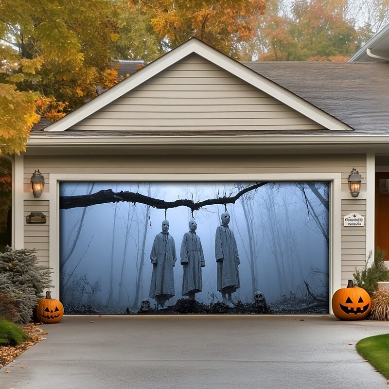 Halloween Outdoor Garage Door Cover Hanging Corpse Skeletons Banner Large Tapestry Backdrop Decoration for Holiday Outdoor Garage Door Home Wall Decorations