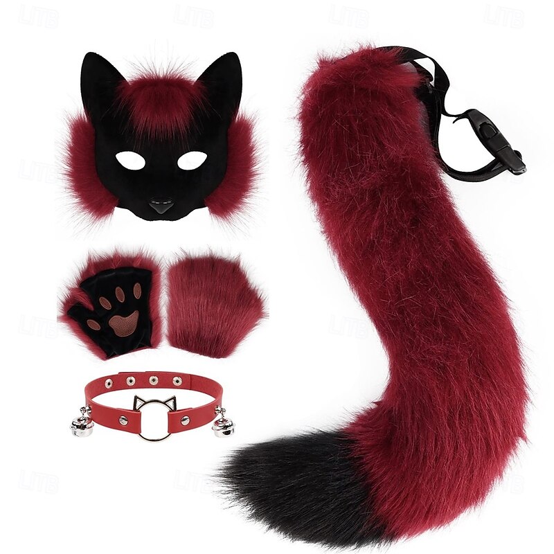 Furry Animal Mask Set – Half Face Cat and Fox Mask with Tail, Ears, and Collar for Halloween Costume, Cosplay Party, Dance and Performance2