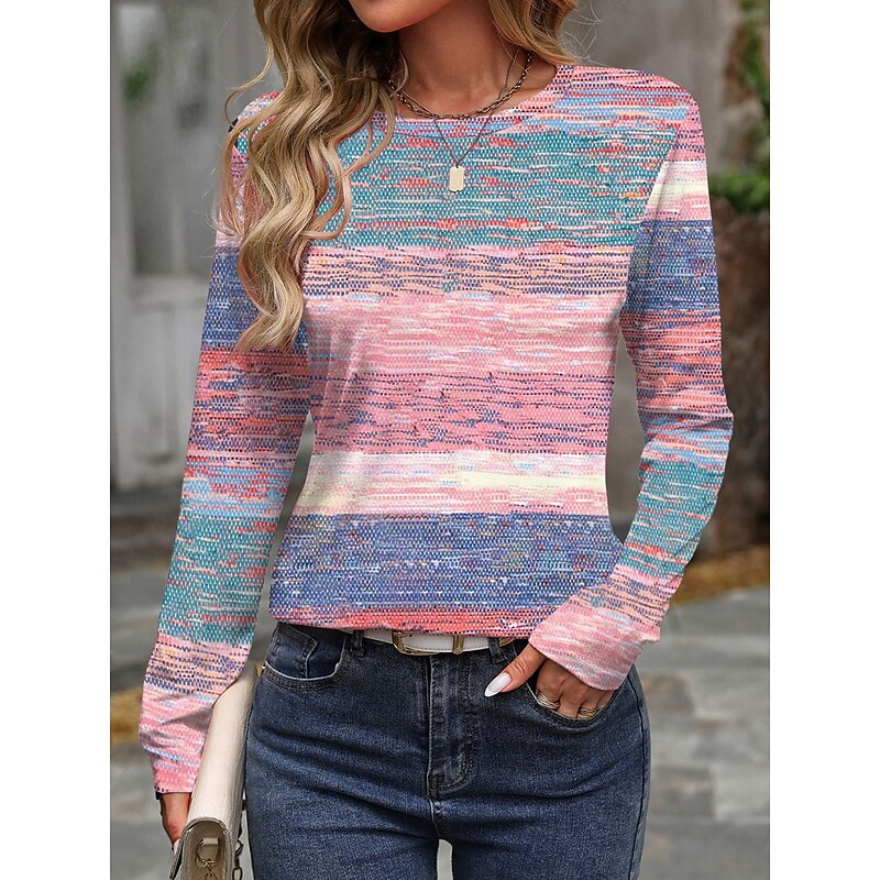 Women's T shirt Long Sleeve Crew Neck Long Sleeve Tunic Ombre Casual Regular Tops Daily Print Pink Blue Purple Green Spring Fall Prefall2
