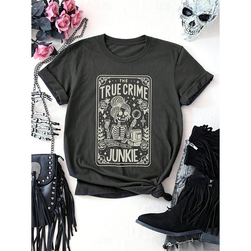 Halloween Women's T Shirt Graphic Skull Ghost Vintage Stylish Classic Short Sleeve Crew Neck Round Neck Regular Tops Daily Weekend Print Black and gray Summer Spring Fall3