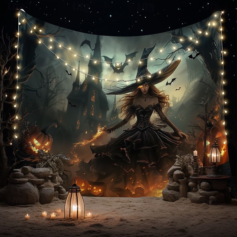 Halloween Gothic Witch Wall Tapestry – Dark Forest Scene with Jack-o'-Lanterns, Spooky Night Sky, Horror Backdrop for 2025 Halloween Living Room, Bedroom, Party Decoration2
