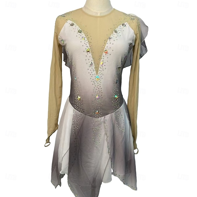 Figure Skating Dress Women's Girls' Ice Skating Dress Outfits Grey Mesh Spandex High Elasticity Competition Skating Wear Handmade Crystal / Rhinestone Long Sleeve Ice Skating Figure Skating3