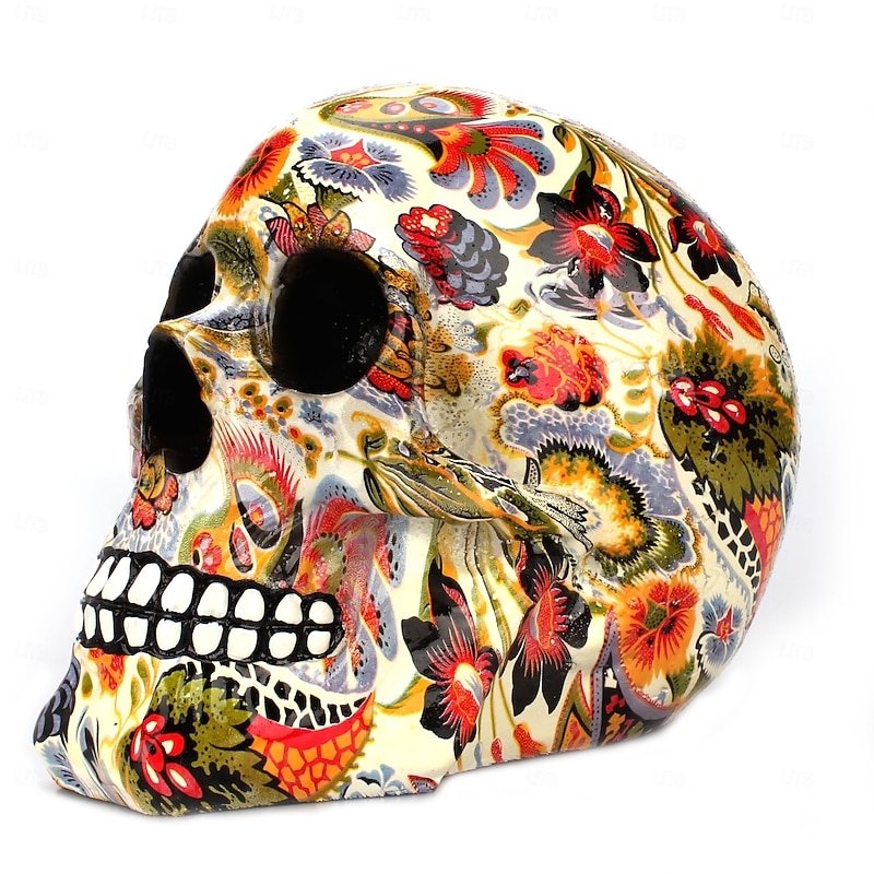 Halloween Resin Figurine 3D Water Transfer Printed Vintage Skull Ornament Trendy Pattern Resin Desktop Decoration Gothic Home Accent Spooky Halloween Craft Display