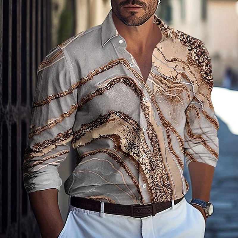 Men's Marble Abstract Liquid Art Shirt Button Up Shirt Casual Dress Shirt Long Sleeve Fashion Casual Vacation Daily Streetwear Summer Spring Turndown 3D Print Collared Shirts Blue Gray