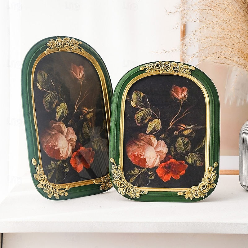 Gold 3D Rose Photo Frame with Green Arched Border, Hand-Painted Resin Picture Frame for Home Decor, Display Photos in Living Room, Bedroom, Study or Entryway4