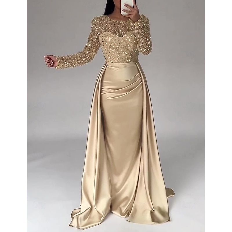 Mermaid Sequin Evening Gown RuchedSatin Dress Long Sleeves Masquerade Floor Length Illusion Neck with Pearls Overskirt dress2
