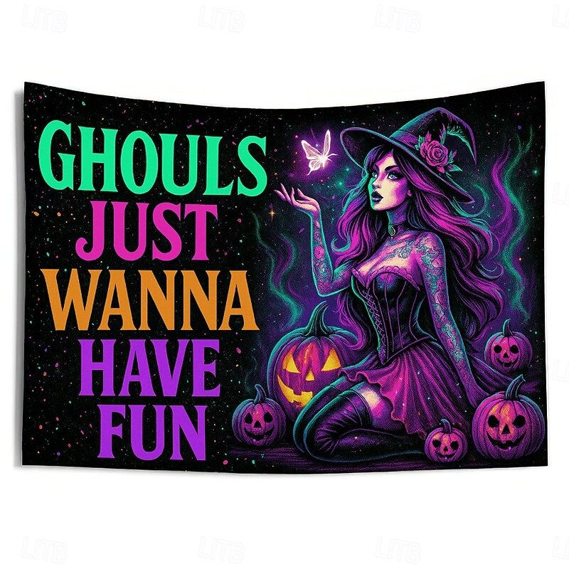 Halloween Blacklight Wall Tapestry – UV Reactive Witch , 'Ghouls Just Wanna Have Fun' Quote, Neon Colors Spooky Scene, Glow in the Dark Gothic Wall Hanging for 2025 Halloween Decoration4