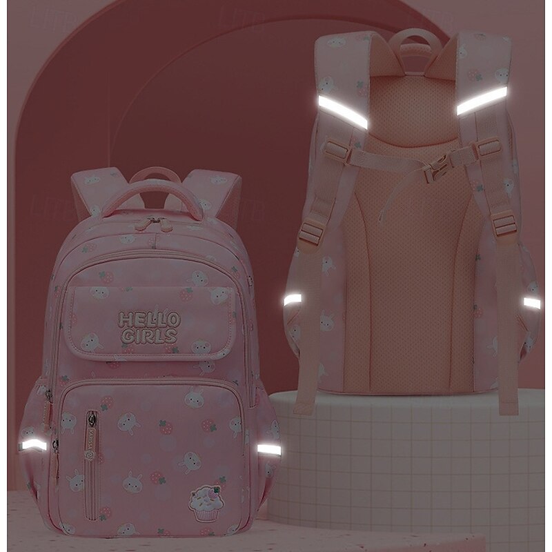 Girls' Pink Cartoon Backpack – Cute Waterproof School Bag with Bunny and Strawberry Print for Elementary Students4