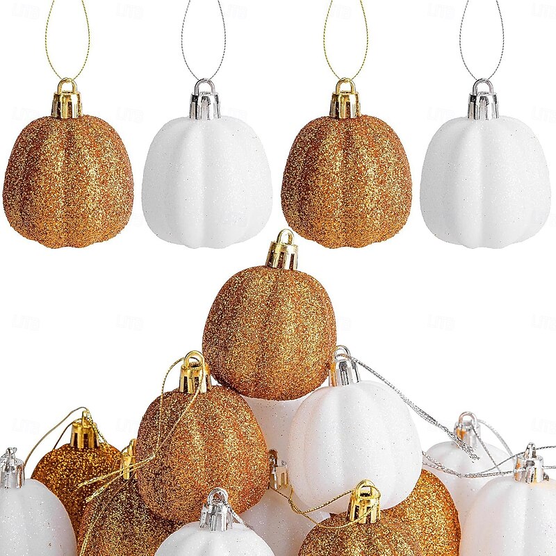 12 pcs Halloween Hanging Pumpkin Ornaments Fall Mini Thanksgiving Ball Ornaments, 6cm Mixed Artificial and Glitter Pumpkin Decorations for Harvest Festival, Autumn Table Display or Halloween Party Dec