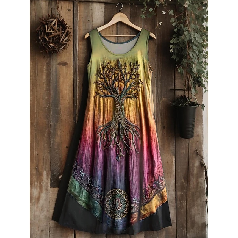 Women's Vintage Viking Celtic Knot  Gradient Art Midi Dress Sundress A Line Dress Vacation Casual Boho  Going out Regular Fit Floral Graphic Leaf Sleeveless U Neck2